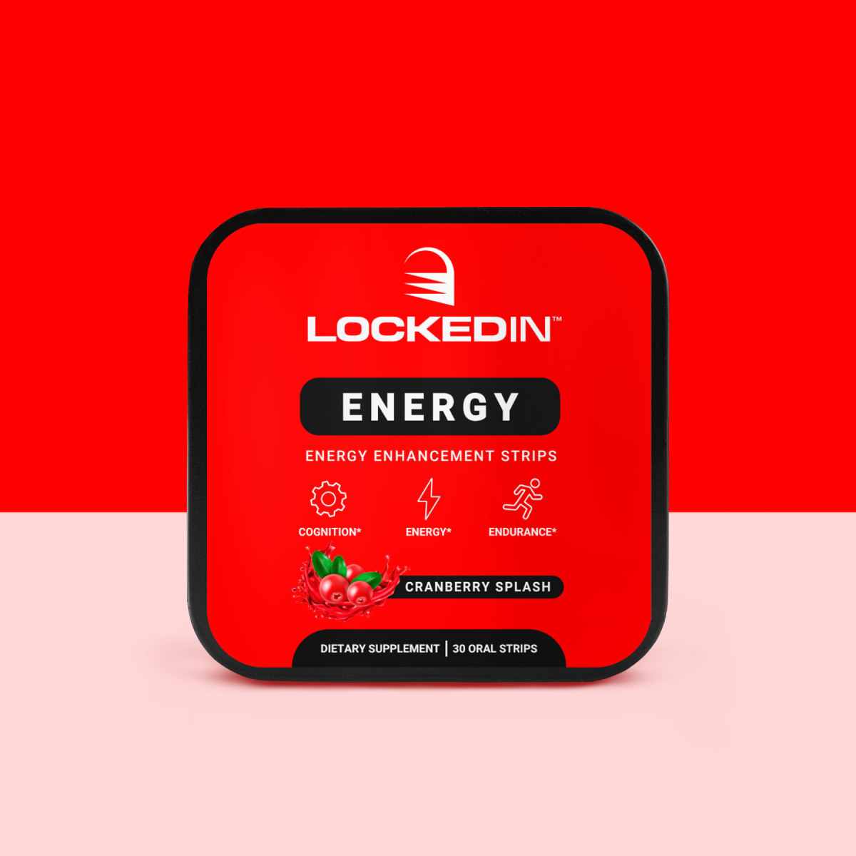 Locked In Energy- Energy Enhancement Strips- 30 Servings of cranberry splash flavor for cognition, energy & endurance. red and white background.