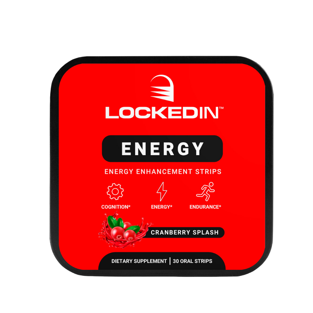 Locked In Energy- Energy Enhancement Strips- 30 Servings of cranberry splash flavor for cognition, energy & endurance. transparent background.
