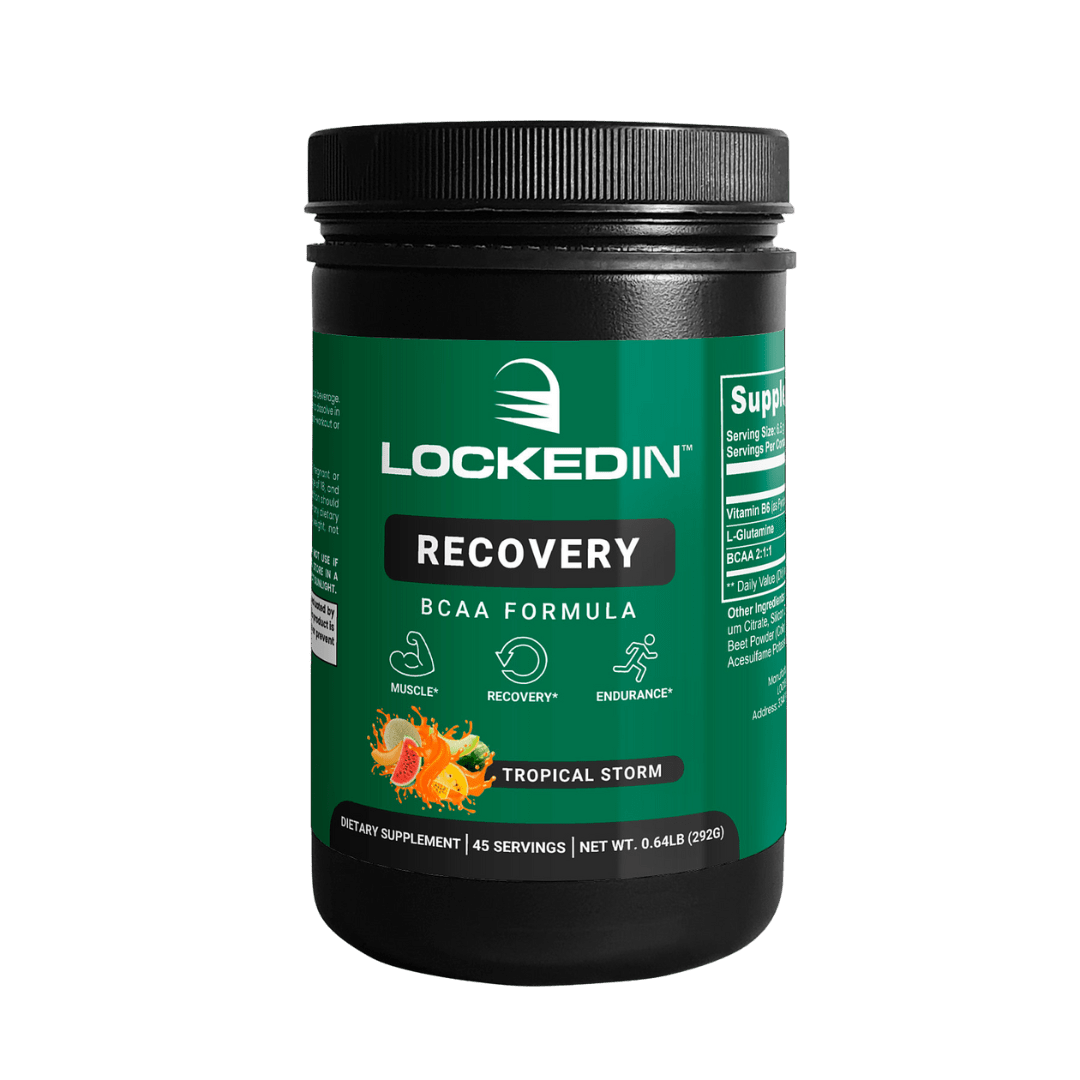 Locked In Recovery BCAA Formula - 30 Servings of tropical storm flavour for muscle growth, recovery & endurance. transparent background.