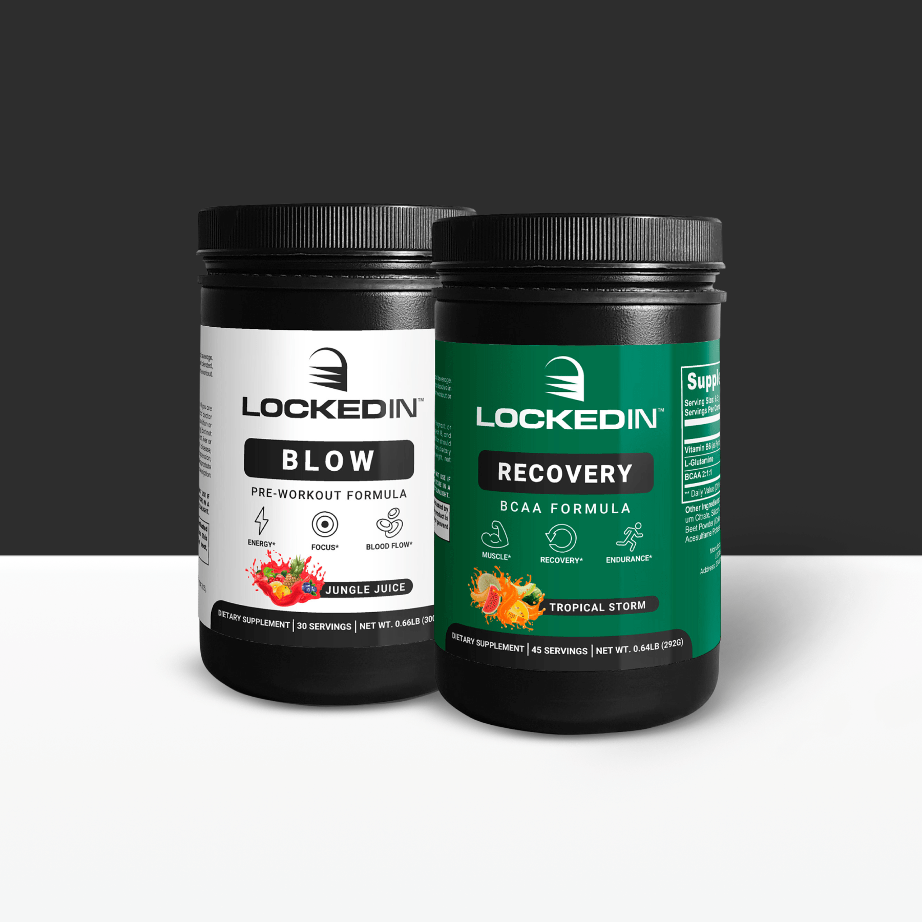 Locked In Blow Pre-Workout Formula and Locked In Recovery BCAA Formula side by side on a dark gray and white background