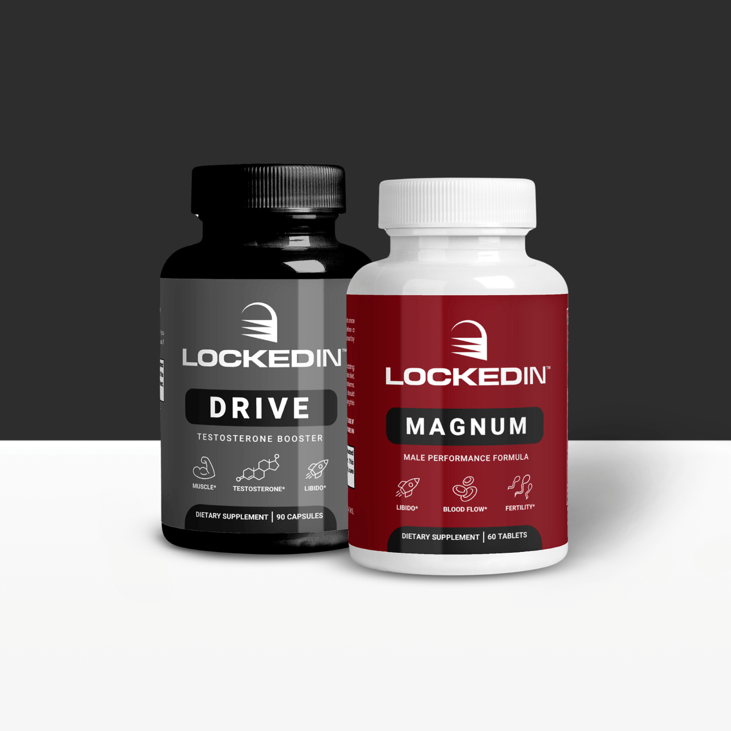 Locked In Drive Testosterone Booster and Locked In Magnum Male Performance Formula side by side on a dark gray and white background