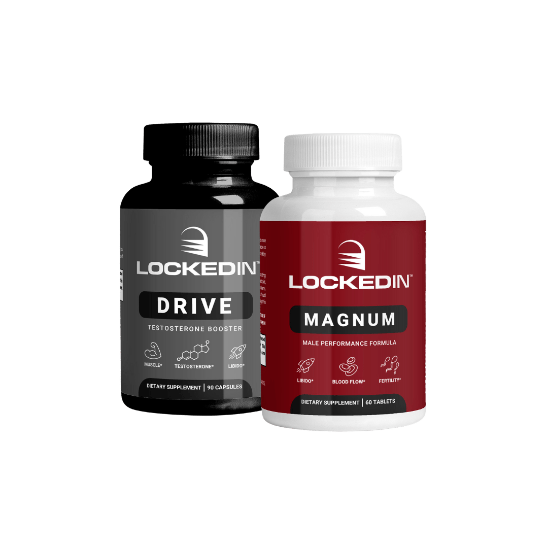 Locked In Drive Testosterone Booster and Locked In Magnum Male Performance Formula side by side on a transparent background