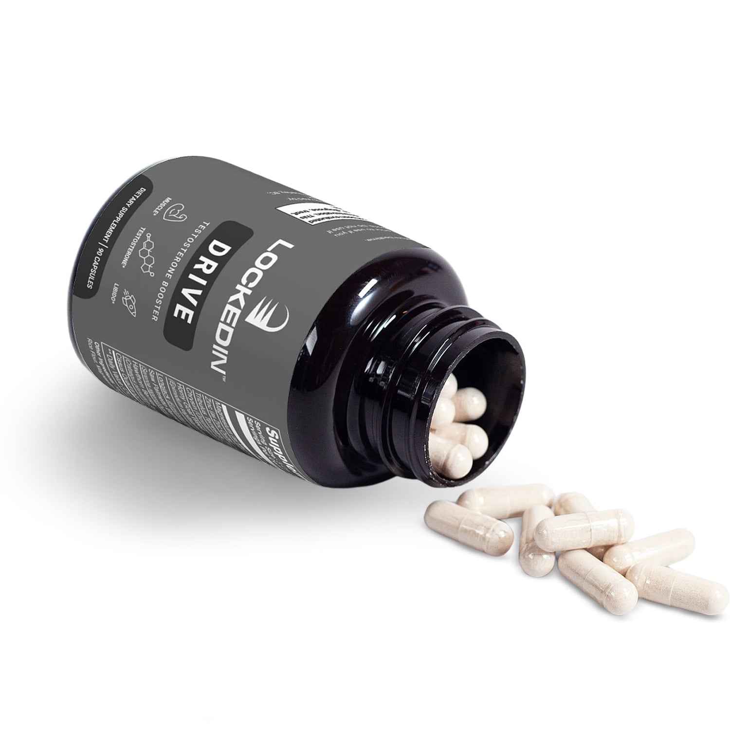 Locked In Drive Testosterone Booster with capsules pouring out on a white surface.