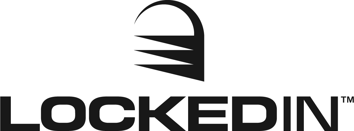 black padlock centered above the word "locked in" representing the trademarked Locked In logo against a transparent background