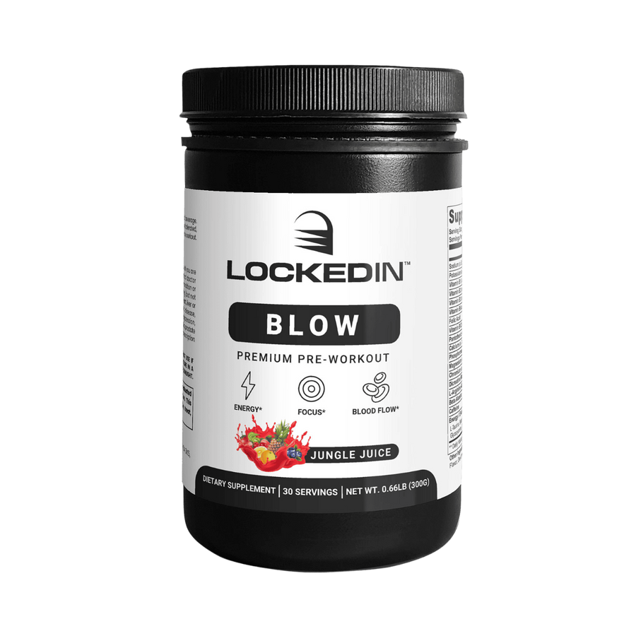 Locked In Blow Premium Pre-Workout - 30 Servings of jungle juice flavour for Energy, Focus & Blood Flow on a transparent background. 