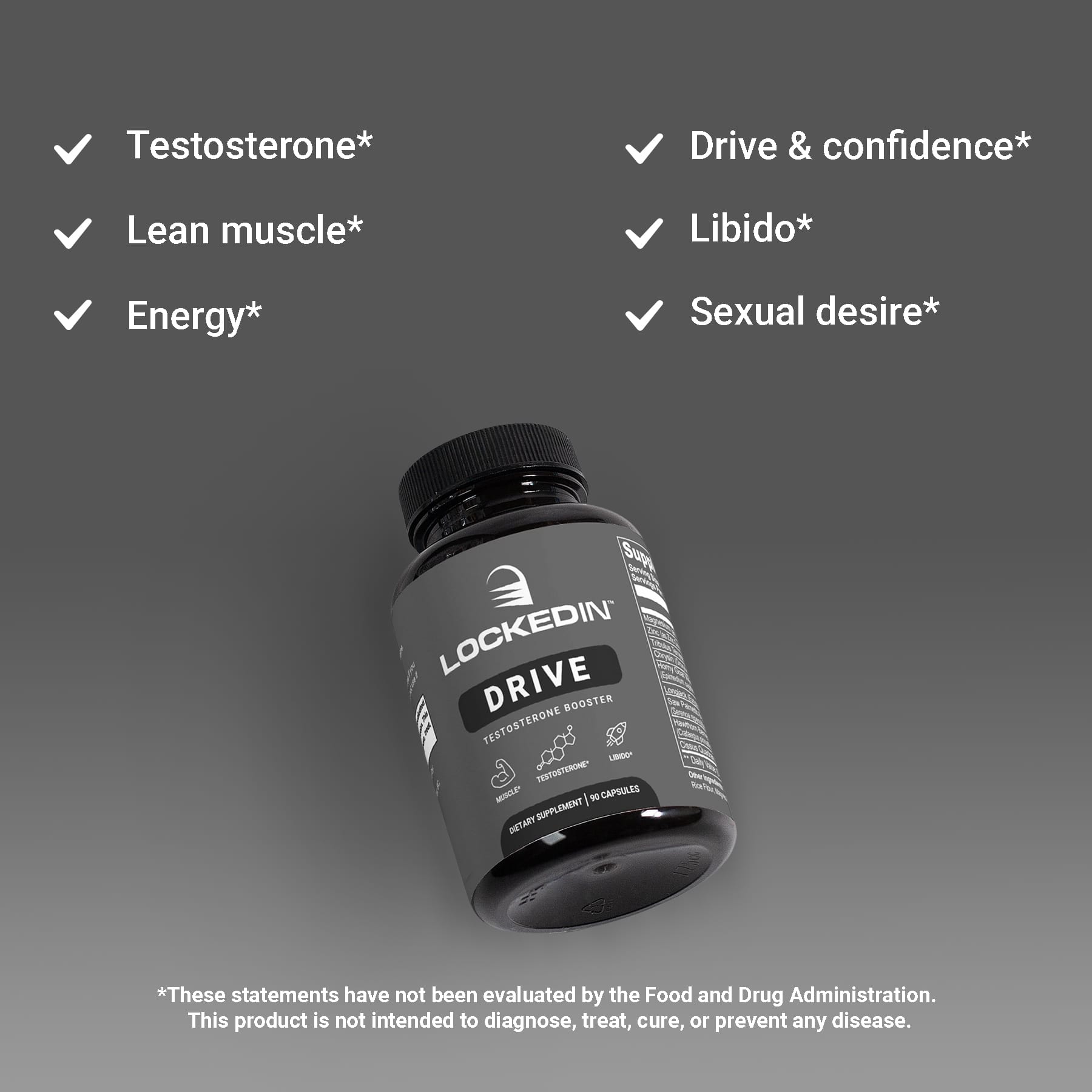 Locked In Drive Testosterone Booster, angled on gray gradient background, checkmark benefits listed.