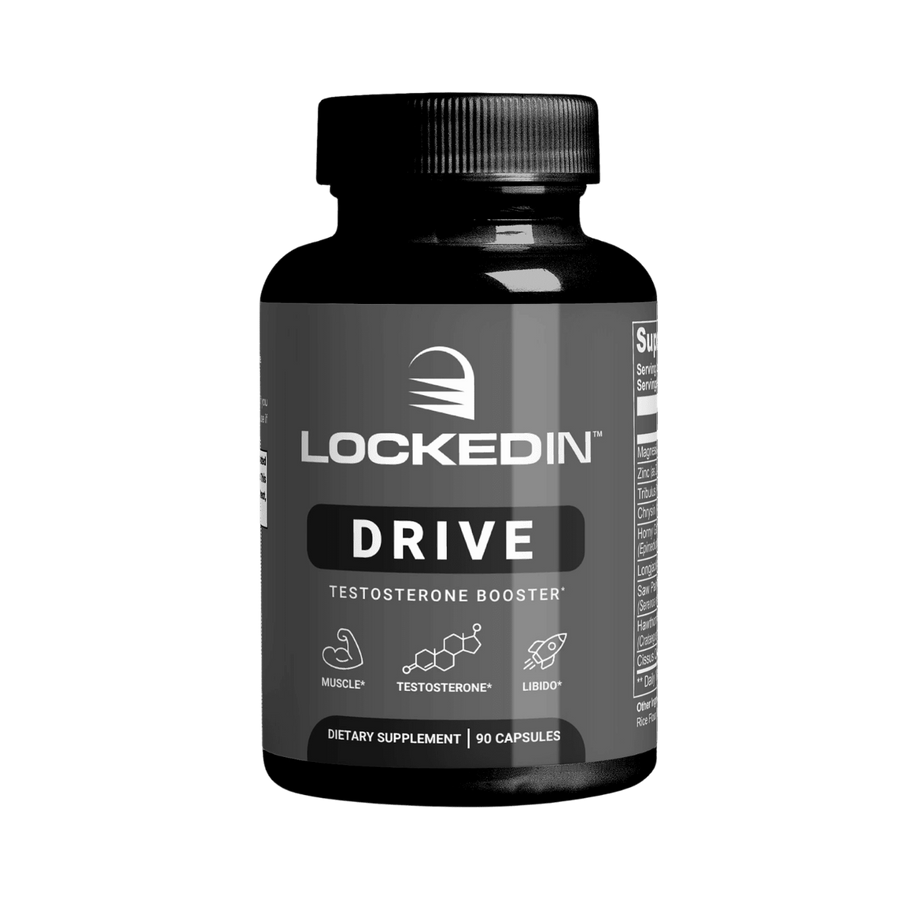 Locked In Drive Testosterone Booster - 90 Capsules for Muscle, Testosterone, Libido on a transparent background.