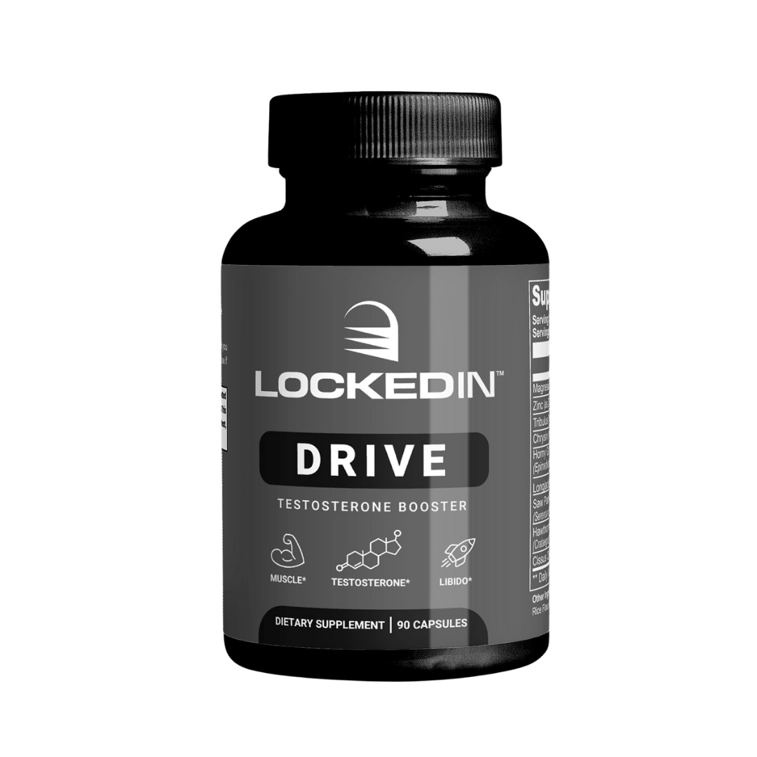 Locked In Drive Testosterone Booster - 90 Capsules for Muscle, Testosterone, Libido on transparent background.