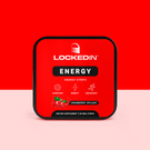 Locked In Energy- Energy Enhancement Strips- 30 Servings of cranberry splash flavor for cognition, energy & endurance. red and white background.