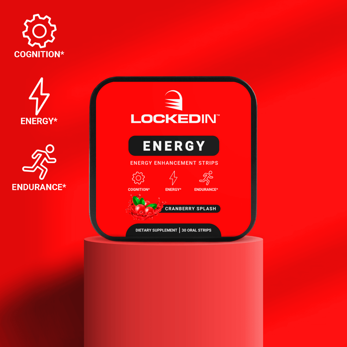 Locked In Energy container displayed on a red pedestal with icons for cognition, energy, and endurance.