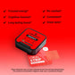 Locked In Energy Strips, angled on red gradient background, checkmark benefits listed.