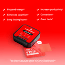 Locked In Energy Strips, angled on red gradient background, checkmark benefits listed.