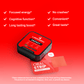 Locked In Energy Strips, angled on red gradient background, checkmark benefits listed.