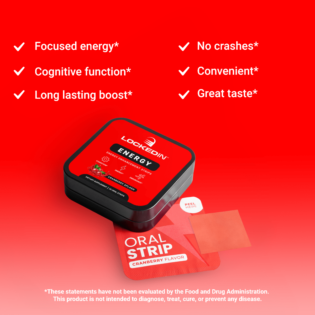Locked In Energy Strips, angled on red gradient background, checkmark benefits listed.