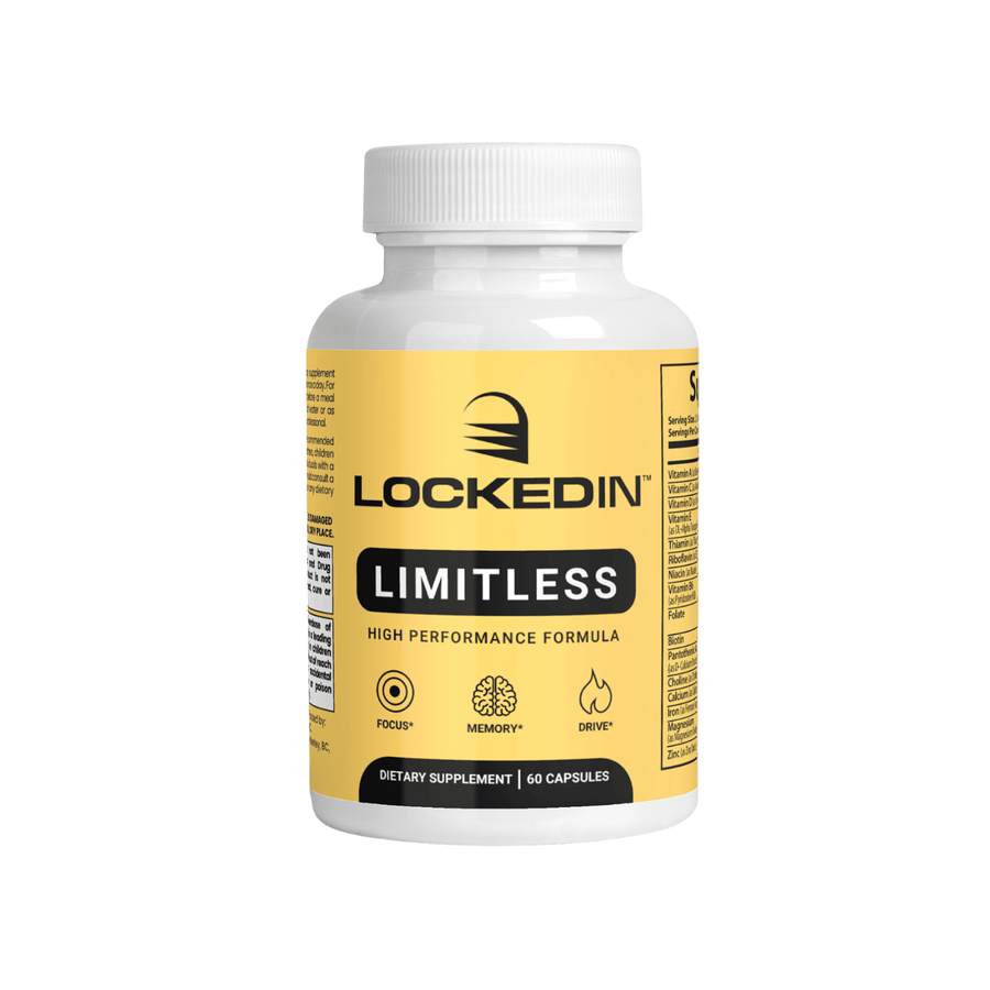 Locked In Limitless High Performance Formula - 60 Capsules for Focus, Memory, Drive on transparent background.