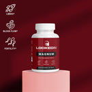 Locked In Magnum container displayed on a light red pedestal with icons for libido, blood flow, and fertility.