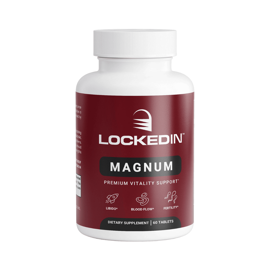 Locked In Magnum Premium Vitality Support - 60 Tablets for Libido, Blood Flow, Fertility on transparent background.