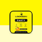 Locked In Party Hangover Prevention Strips- 30 mango-sunrise strips for energy, recovery, clarity. Yellow and white background