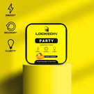 Locked In Party container displayed on a yellow pedestal with icons for energy, recovery, and clarity