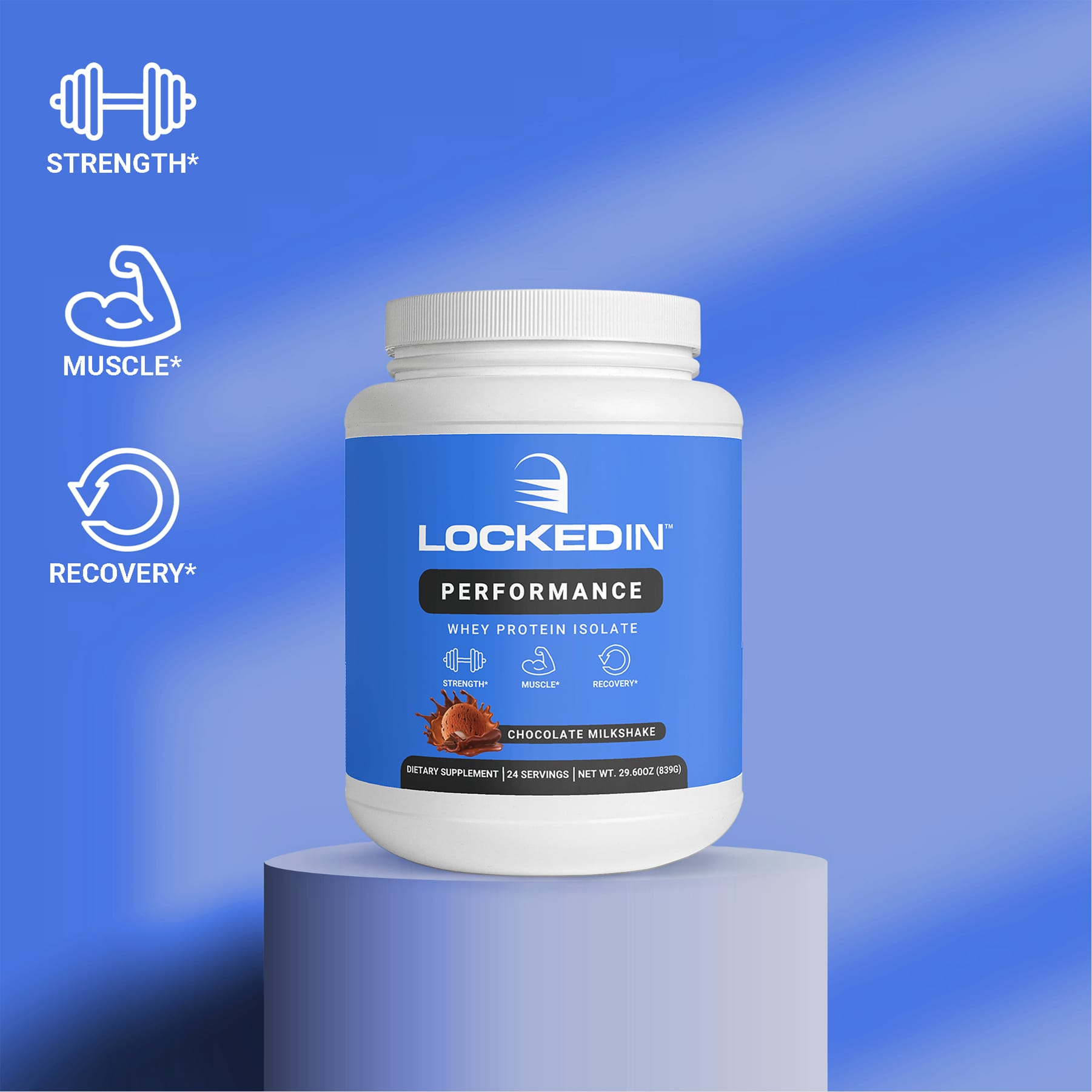 Locked In Performance Whey Protein Isolate container displayed on a blue pedestal with icons for strength, muscle, and recovery.