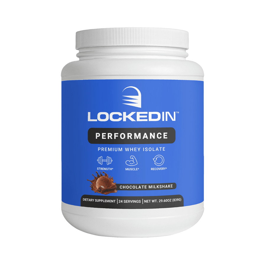 Locked In Performance Premium Whey Isolate - 24 Servings of chocolate milkshake flavor for Muscle Growth, Recovery & Strength on a transparent background.