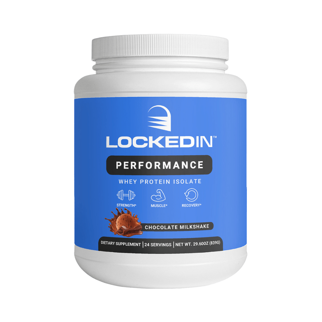 Locked In Performance Whey Protein Isolate - 24 Servings of chocolate milkshake flavor for Muscle Growth, Recovery & Strength. transparent background.