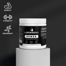 Locked In Power Creatine Monohydrate   container displayed on a gray pedestal with icons for muscle, strength, and endurance.