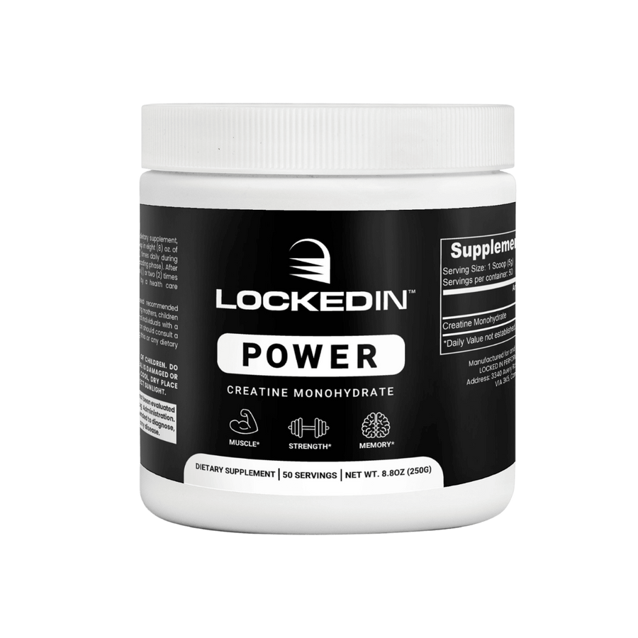 Locked In Power Creatine Monohydrate - 50 Servings for Muscle Growth, Strength & Endurance on transparent background.