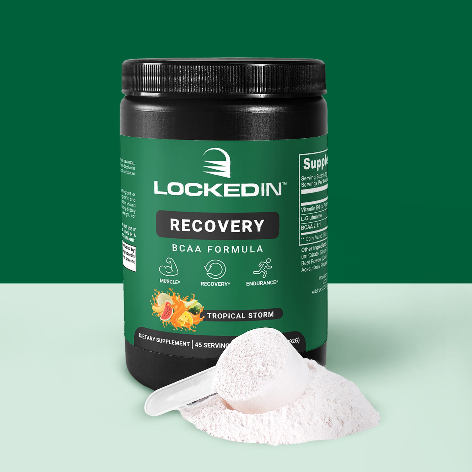 Locked In Recovery BCAA Formula - 30 Servings of tropical storm flavour for muscle growth, recovery & endurance. Green and white background. 