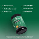 Locked In Recovery BCAA Formula angled on green gradient background, checkmark benefits listed.