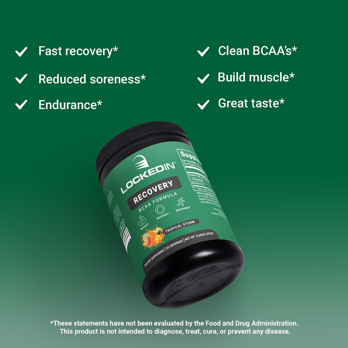 Locked In Recovery BCAA Formula angled on green gradient background, checkmark benefits listed.