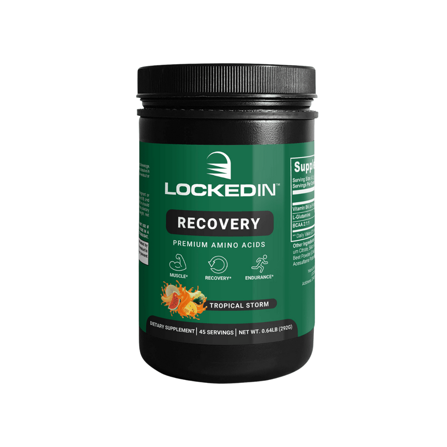 Locked In Recovery Premium Amino Acids  - 30 Servings of tropical storm flavour for muscle growth, recovery & endurance. transparent background.