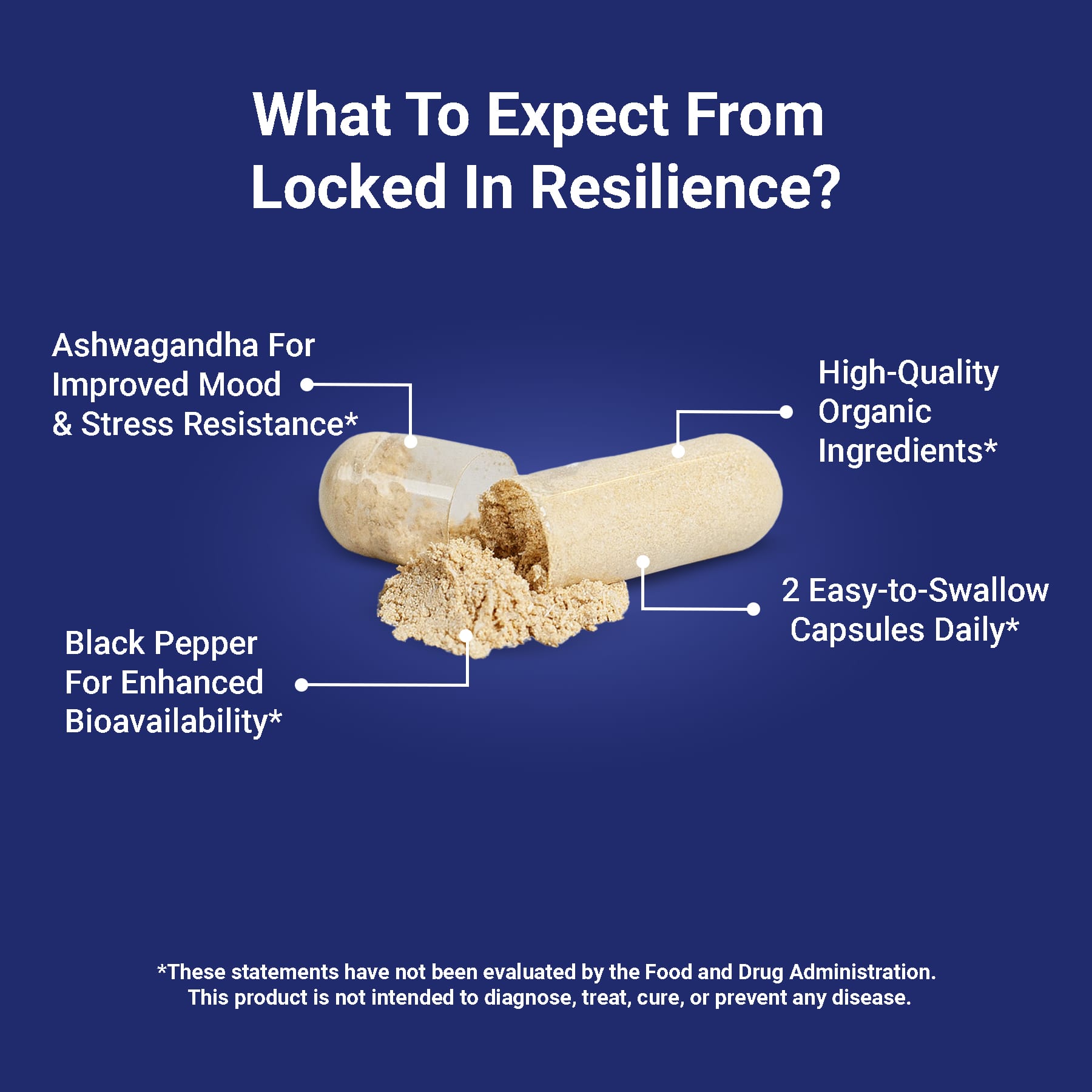 Locked In Resilience  two pills on dark blue background with 4 benefits listed.