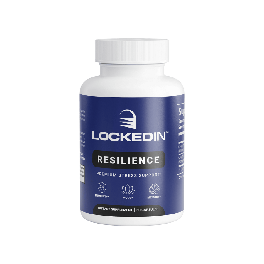 Locked In Resilience Premium Stress Support -  60 Capsules for Immunity, Mood, Memory on transparent background.