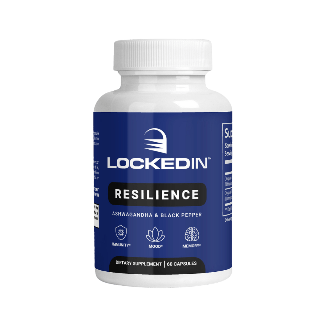 Locked In Resilience Ashwagandha & Black Pepper -  60 Capsules for Immunity, Mood, Memory on transparent background.