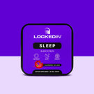 Locked In Sleep- Sleep Performance Strips- 30 Servings of Raspberry Splash flavor for recovery, sleep & memory. purple and white background.