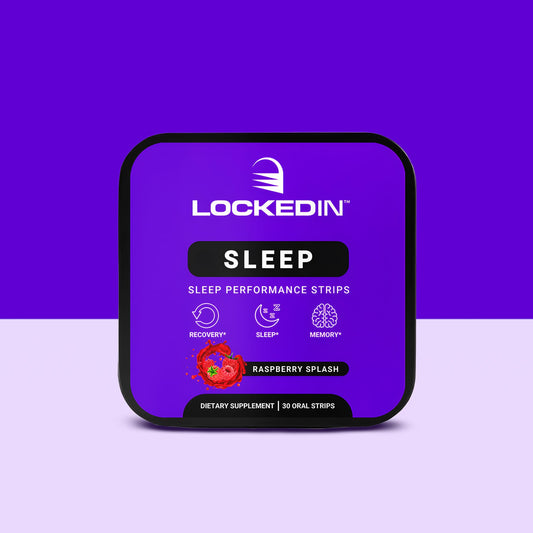 Locked In Sleep- Sleep Performance Strips- 30 Servings of Raspberry Splash flavor for recovery, sleep & memory. purple and white background.