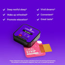 Locked In Sleep Strips, angled on purple gradient background, checkmark benefits listed.