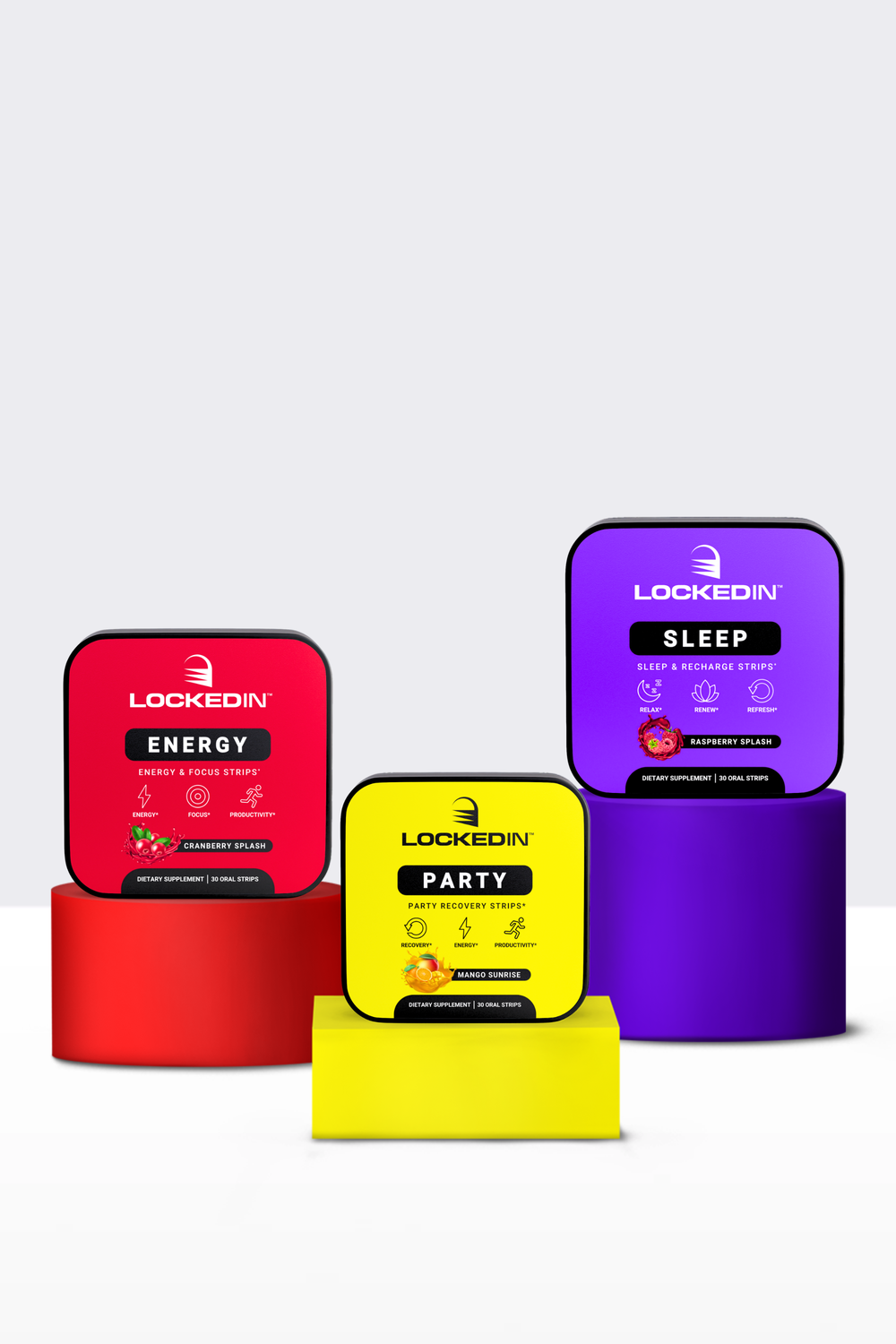Locked In™ supplement strips — energy, focus, and sleep formulas built for the 1%