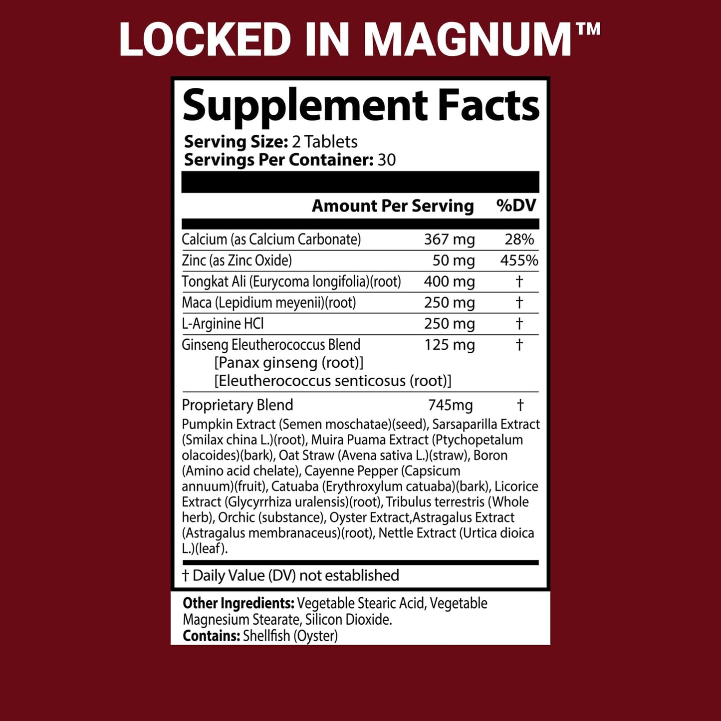 Locked In Magnum supplement facts on dark red background