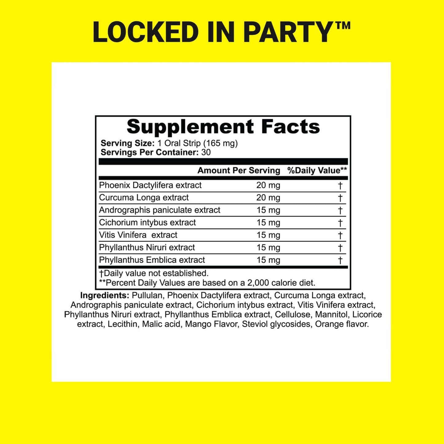 Locked In Party supplement facts on yellow background