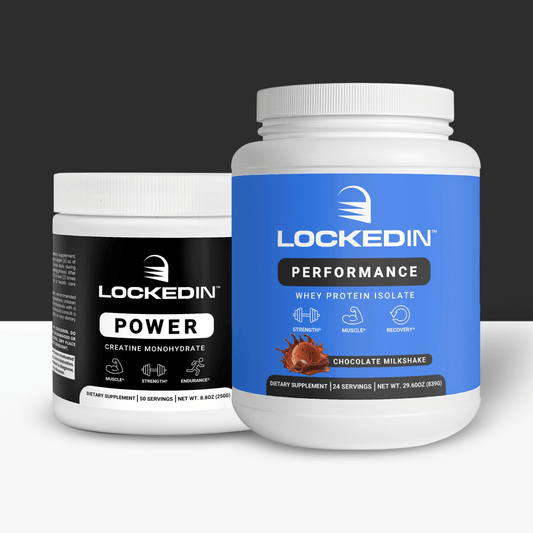 Locked In Power Creatine Monohydrate and Locked In Performance Whey Protein Isolate side by side on a gray and white background