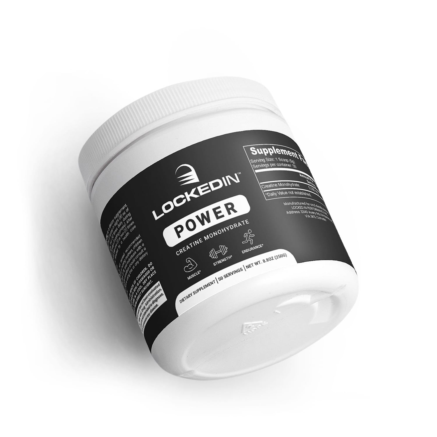 Locked In Power Creatine Monohydrate angled laying flat on a white surface.