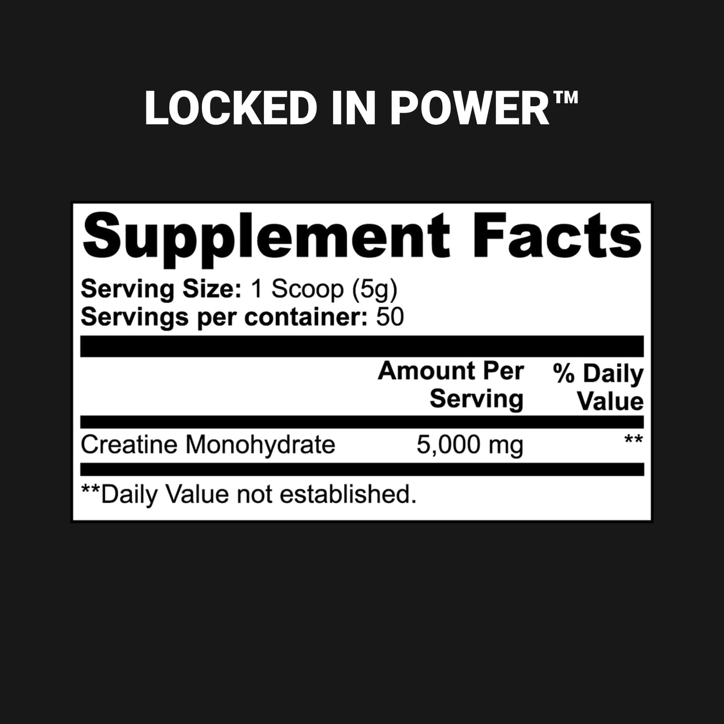 Locked In Power supplement facts on black background