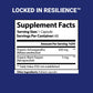 Locked In Resilience supplement facts on dark blue background