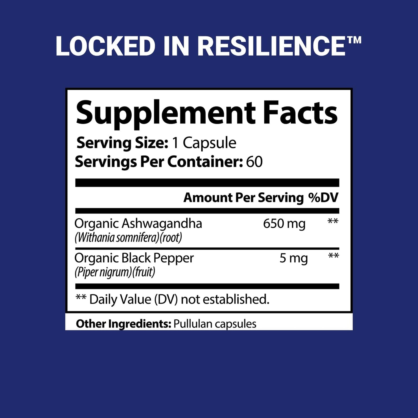 Locked In Resilience supplement facts on dark blue background