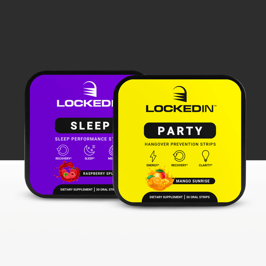 Locked In Sleep Strips and Locked In Party Strips side by side on a dark gray and white background