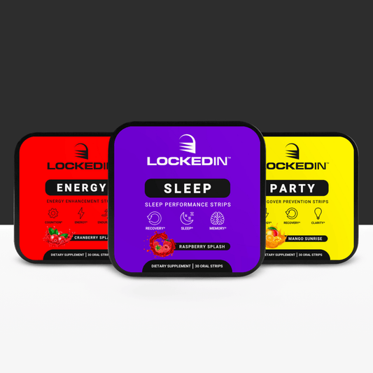 Locked In Energy, Locked In Sleep, and Locked In Party Strips side by side on a dark gray and white background