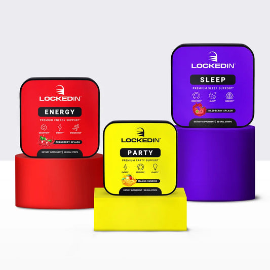 locked in energy support supplement, locked in party hangover support supplement, locked in sleep support supplement